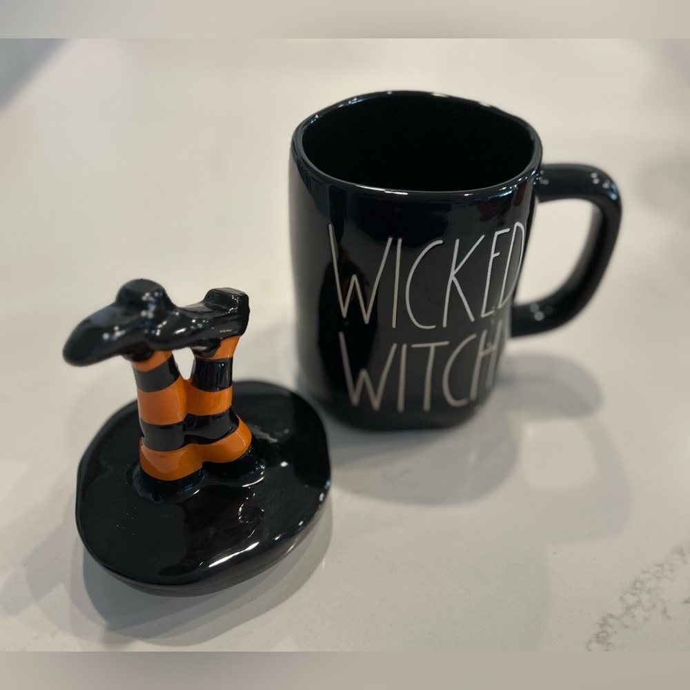 RAE DUNN Black Ceramic Halloween Ceramic 16 oz Mug with Witch Legs Lid